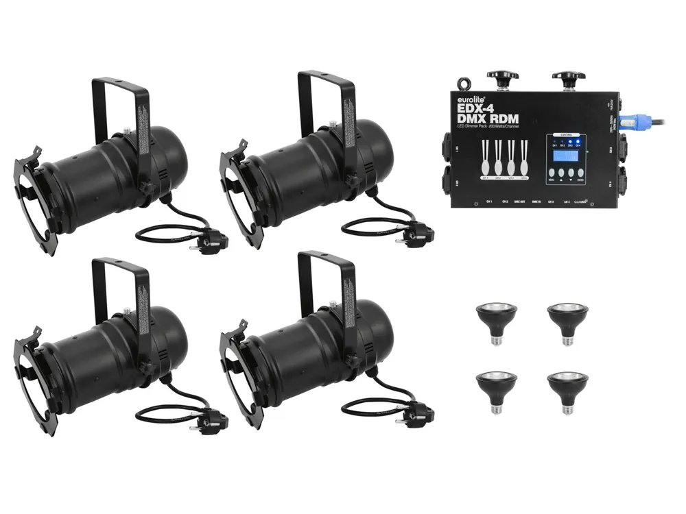 Eurolite Set 4x PAR-30 Spot sw dim2warm + EDX-4 DMX RDM LED Dimmer pack