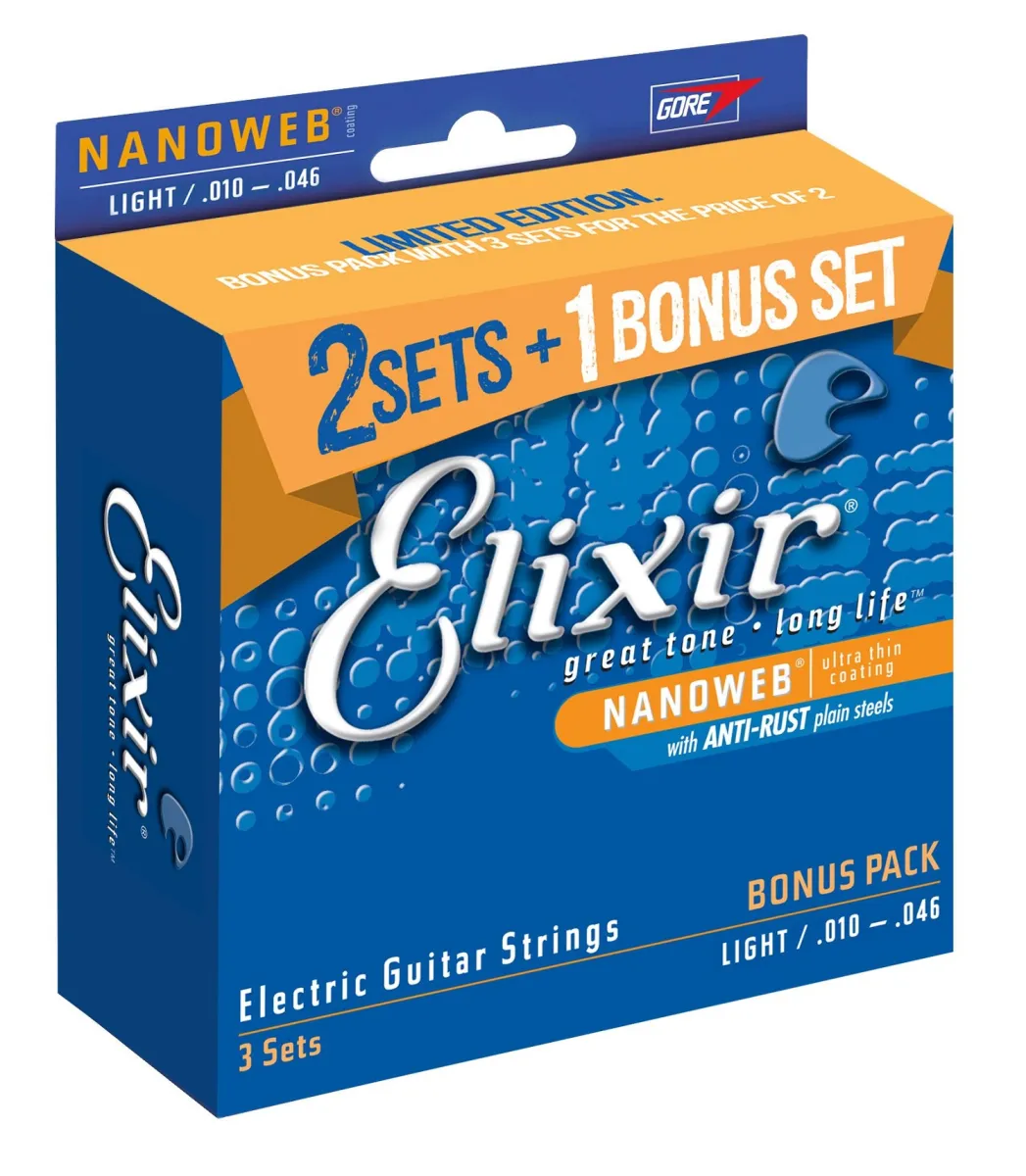 Elixir 16542 Electric Nickel Plated Steel NANOWEB 010-052 3-pack